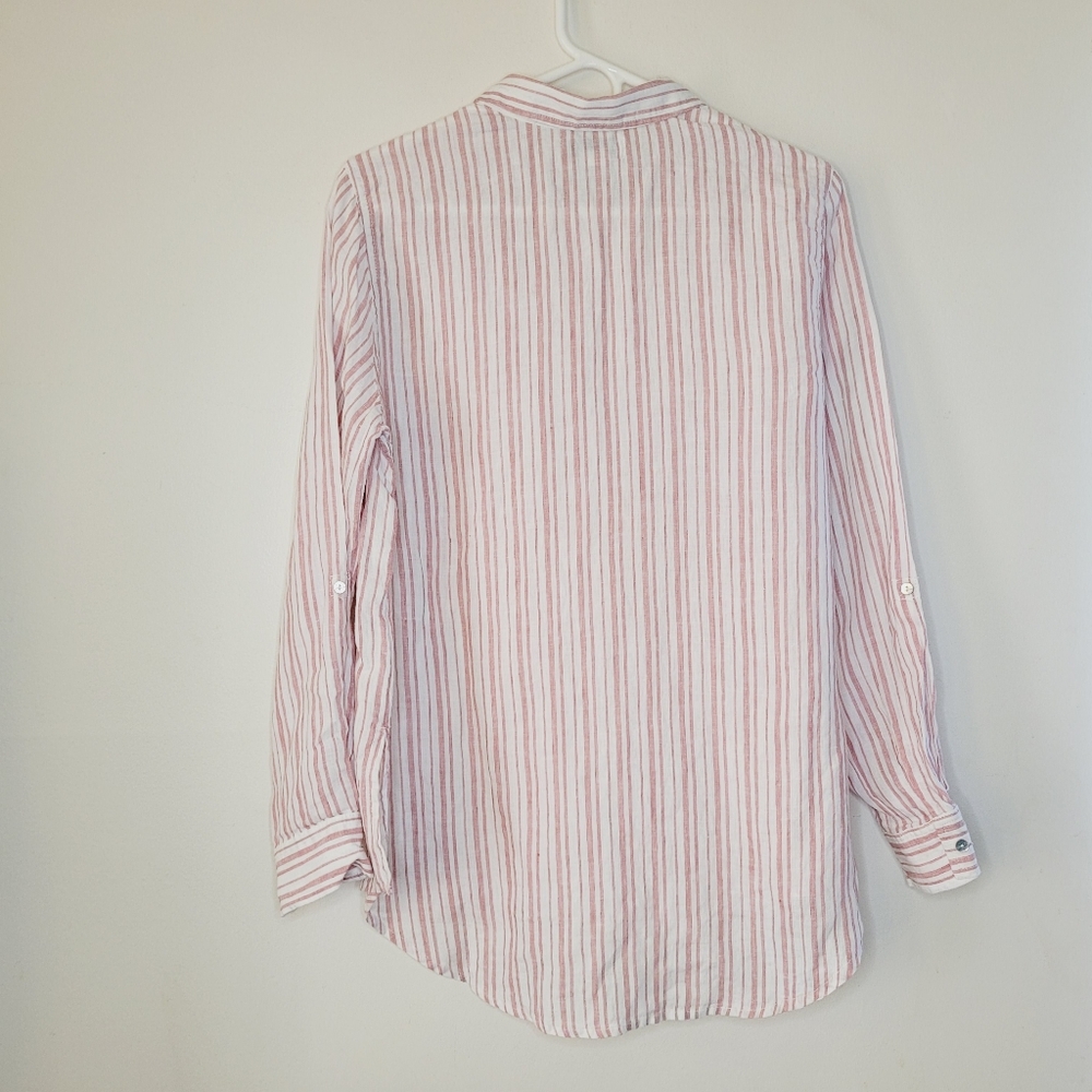 Rachel Zoe Linen Top Women's Medium Stripe Pink White Roll Sleeves Beach Summer - Picture 2 of 8